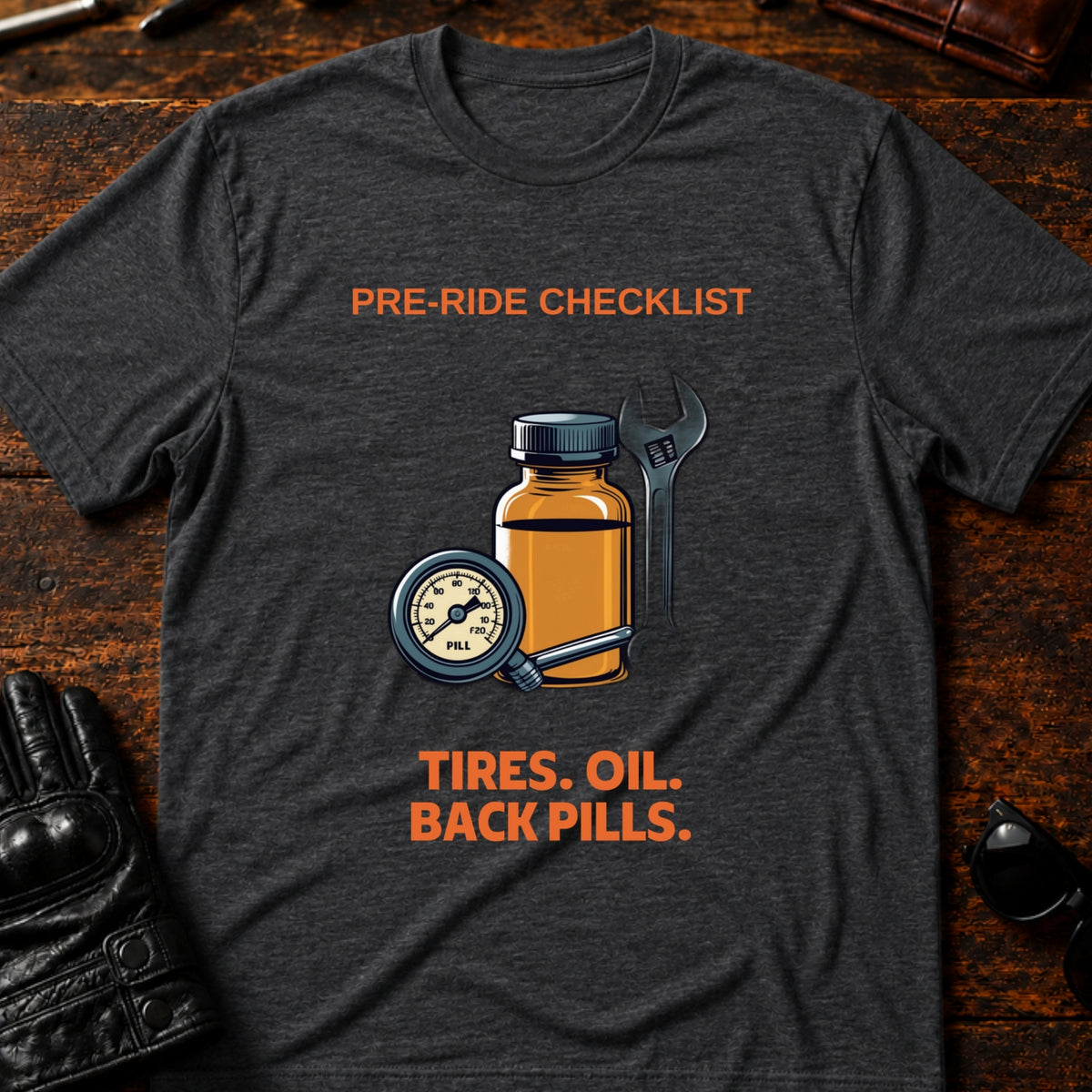 Pre-Ride Checklist Back Pills T-Shirt, dark heather
