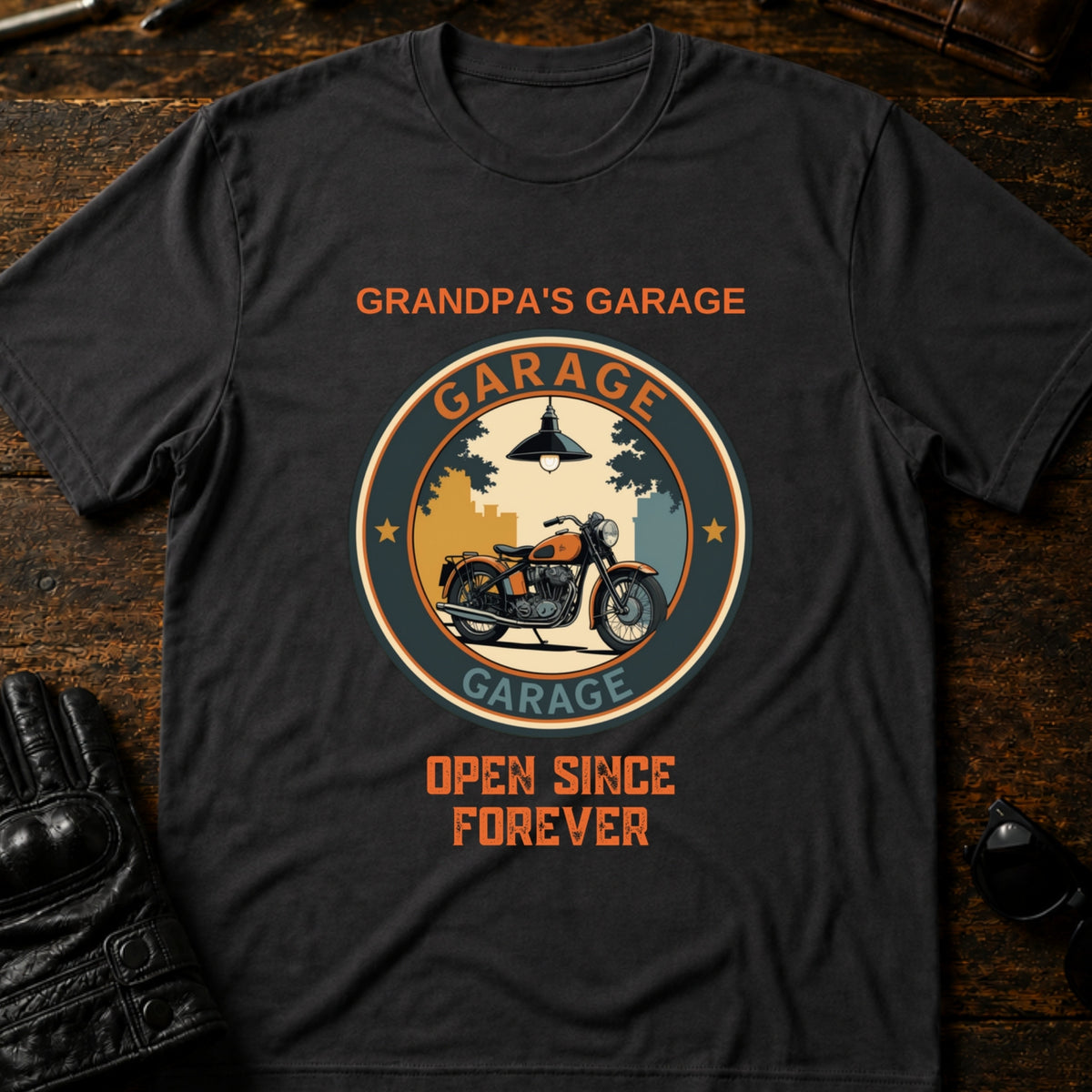 Grandpas Garage Open Since Forever Biker T-Shirt, charcoal