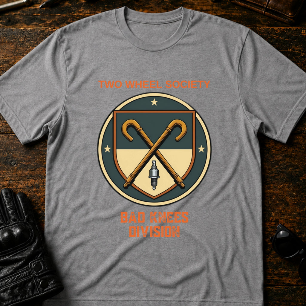Two Wheel Society Bad Knees Division Biker T-Shirt - mockup 4 sport gray