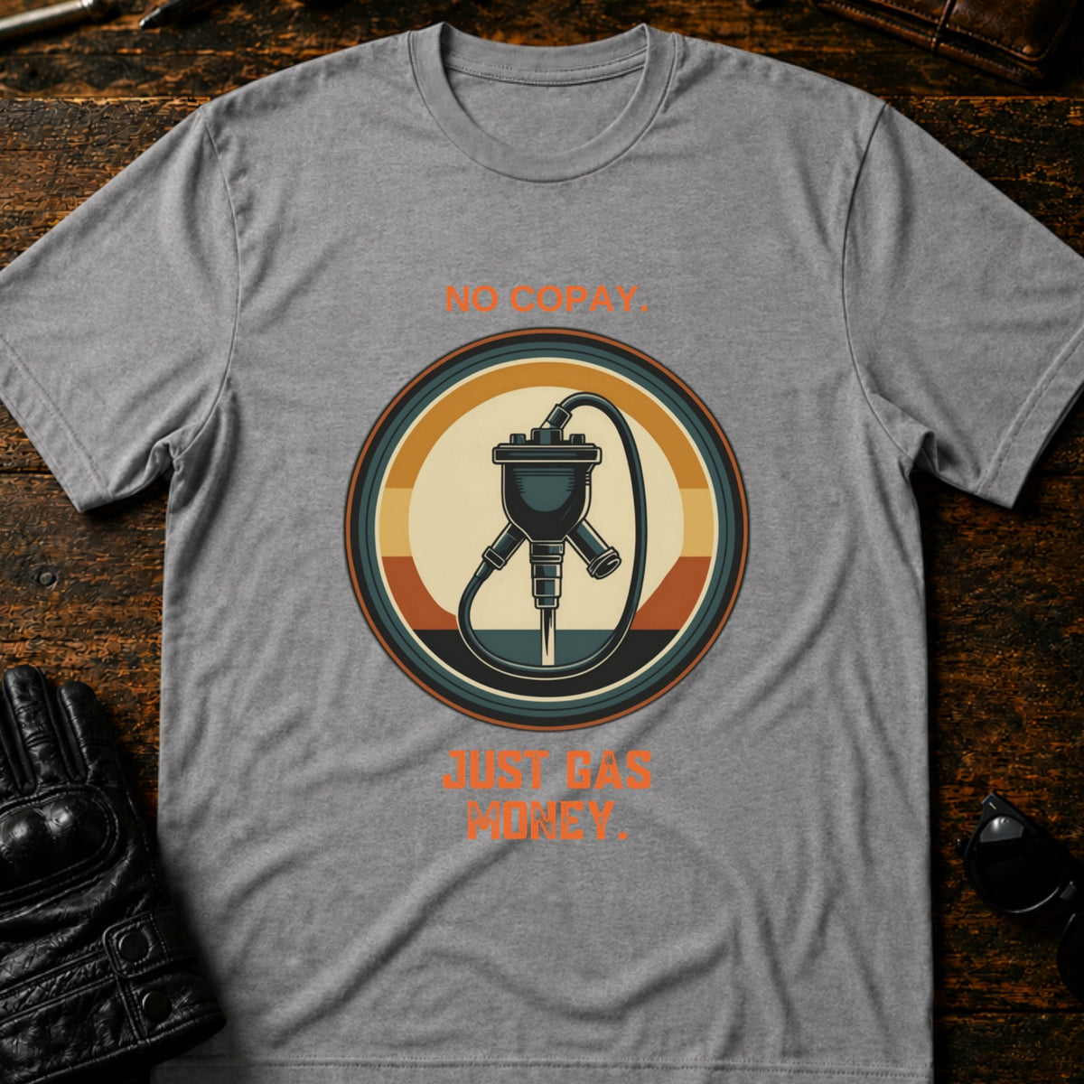 No Copay Just Gas Money Motorcycle Therapy T-Shirt, sport gray