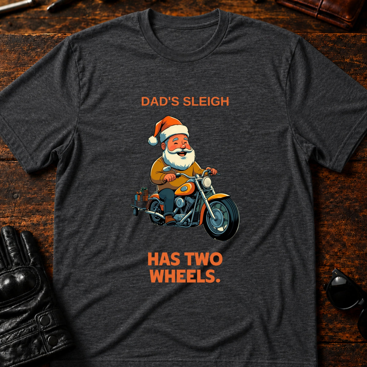 Dads Sleigh Has Two Wheels Christmas Motorcycle T-Shirt, dark heather