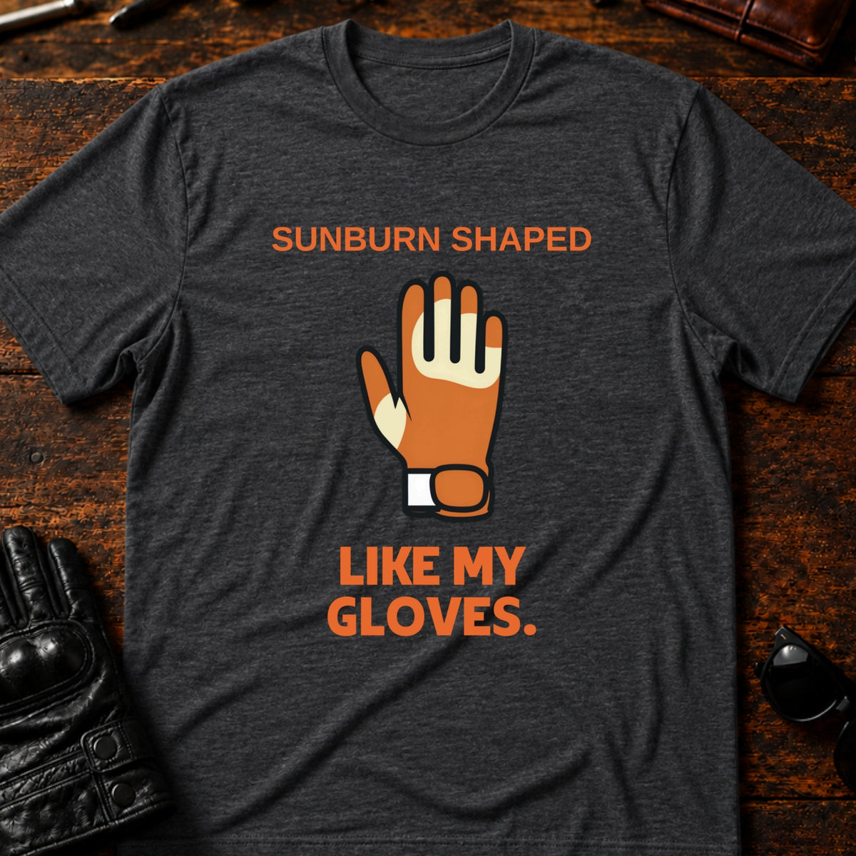 Sunburn Shaped Like My Gloves Funny Biker T-Shirt, dark heather