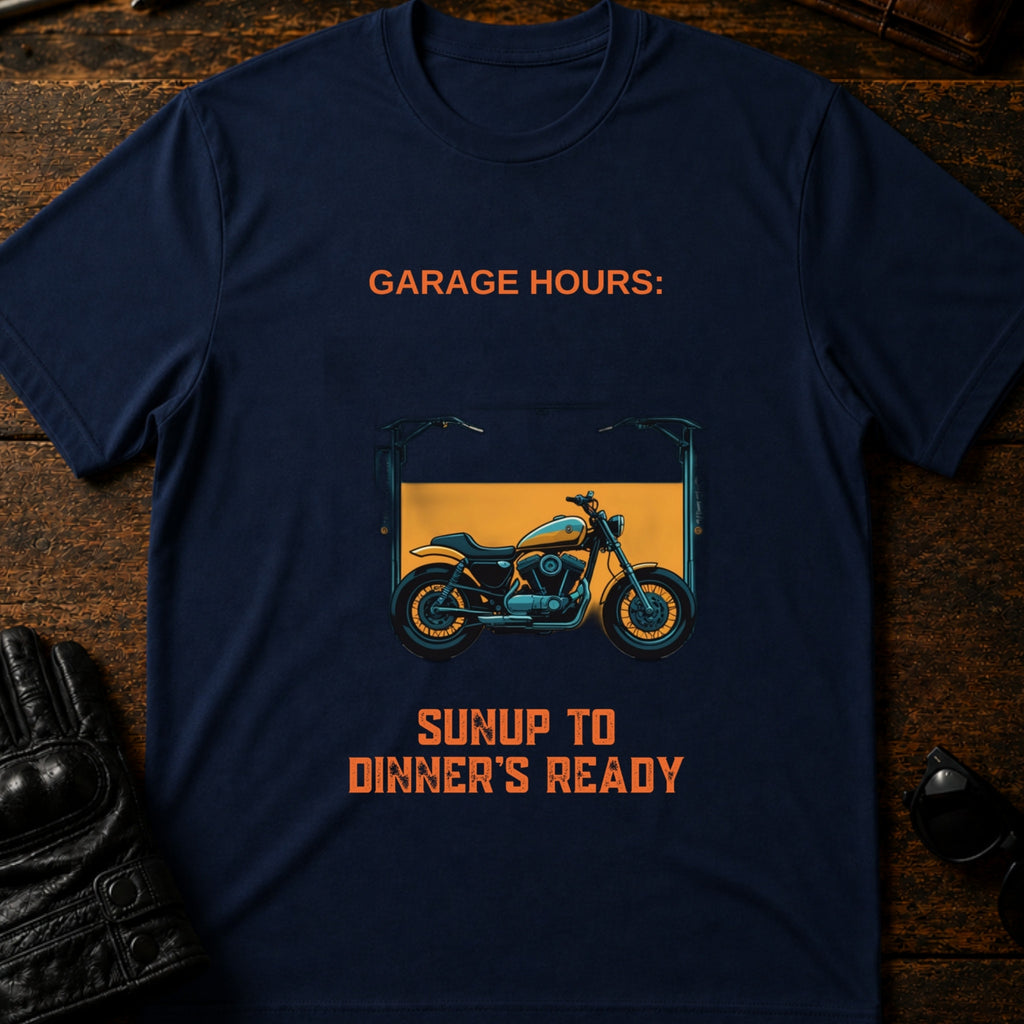 Garage Hours Sunup To Dinners Ready Biker T-Shirt - mockup 5 navy
