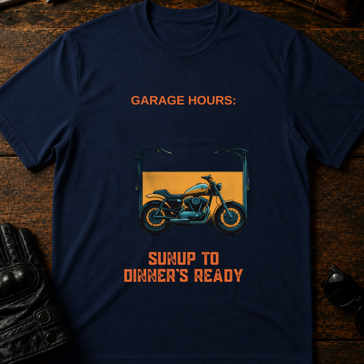 Garage Hours Sunup To Dinners Ready Biker T-Shirt, navy