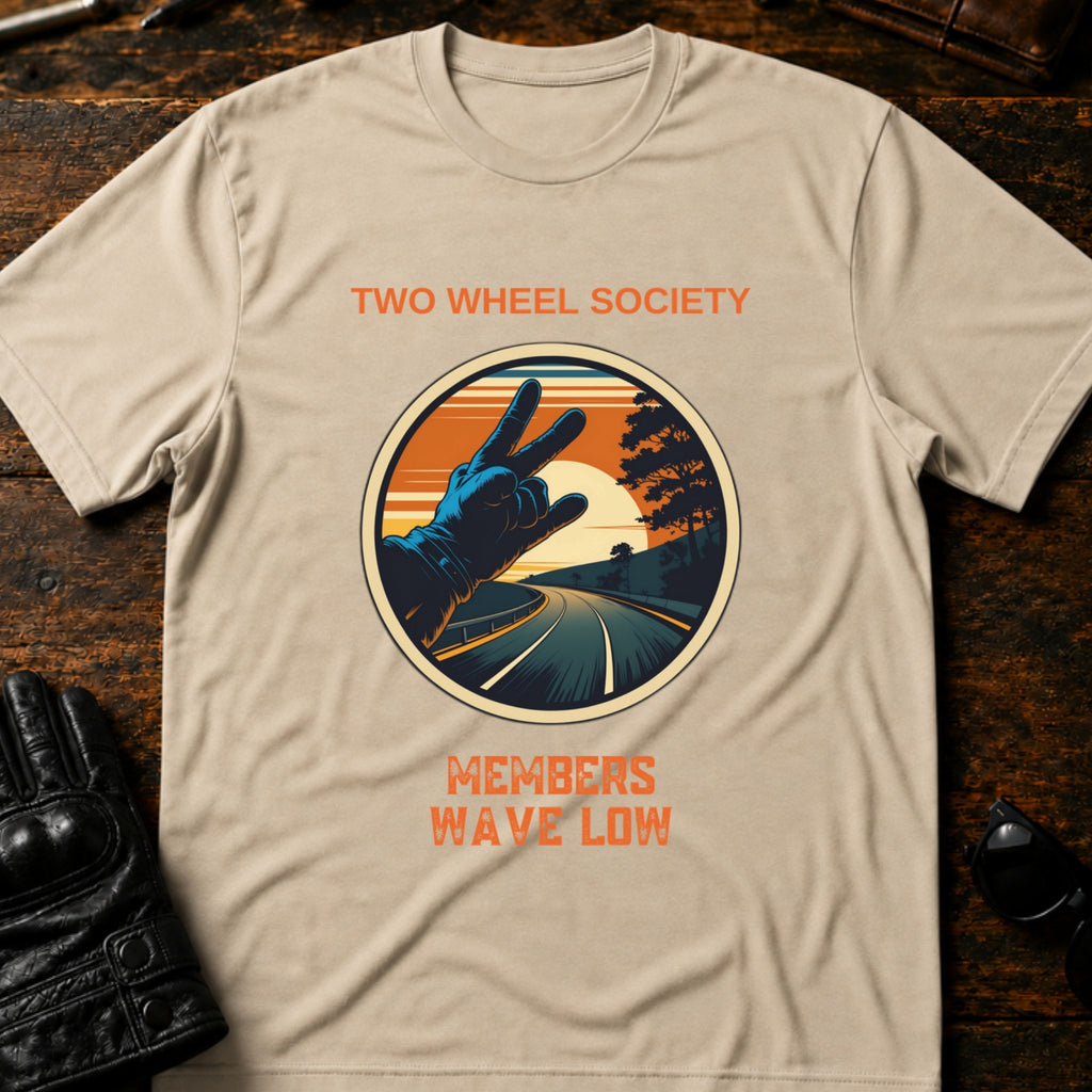 Two Wheel Society Members Wave Low Biker T-Shirt - mockup 6 sand