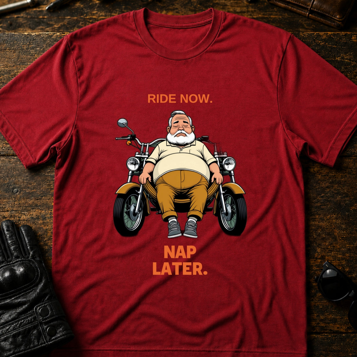 Ride Now Nap Later Grandpa Motorcycle T-Shirt, cardinal red