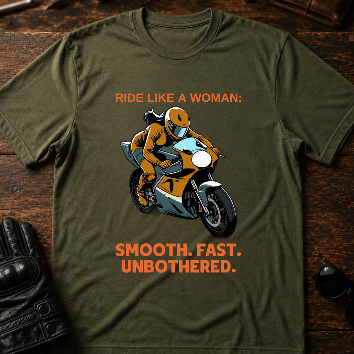 Ride Like A Woman Smooth Fast Unbothered T-Shirt, military green