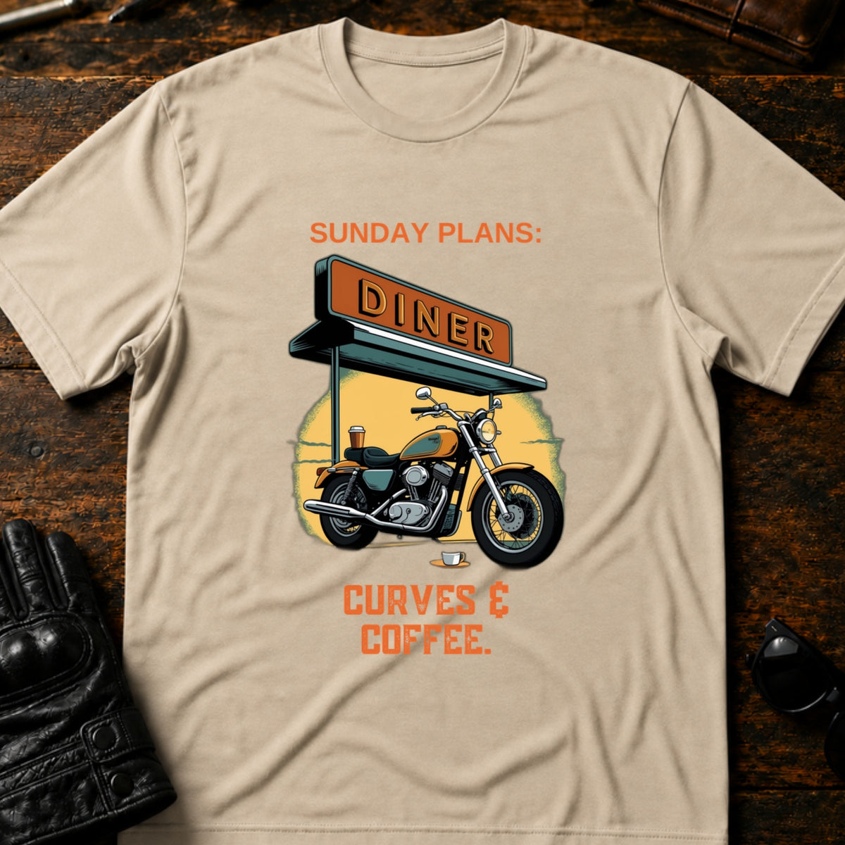 Sunday Plans Curves And Coffee Motorcycle T-Shirt, sand