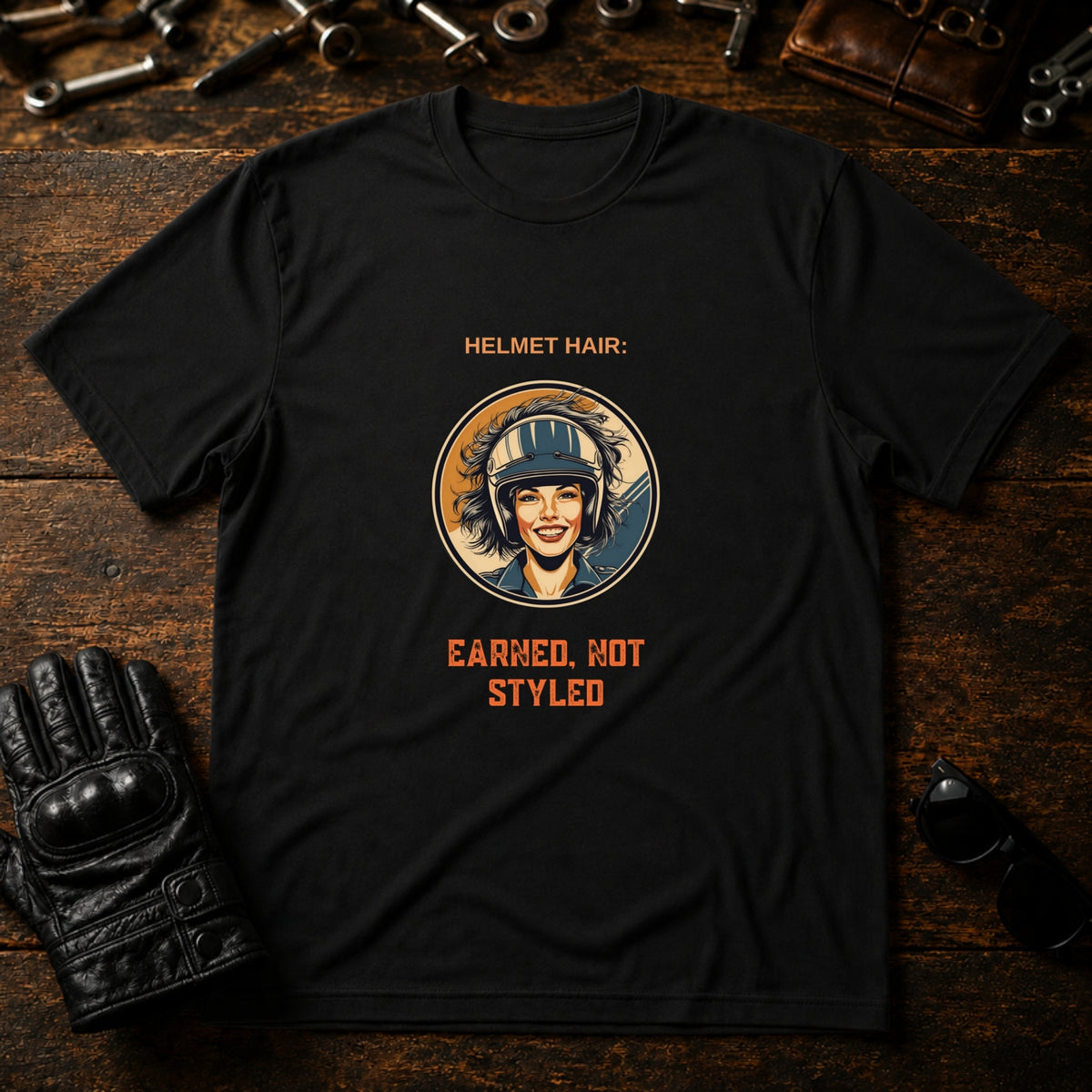 Helmet Hair Earned Not Styled T-Shirt - mockup 1 black