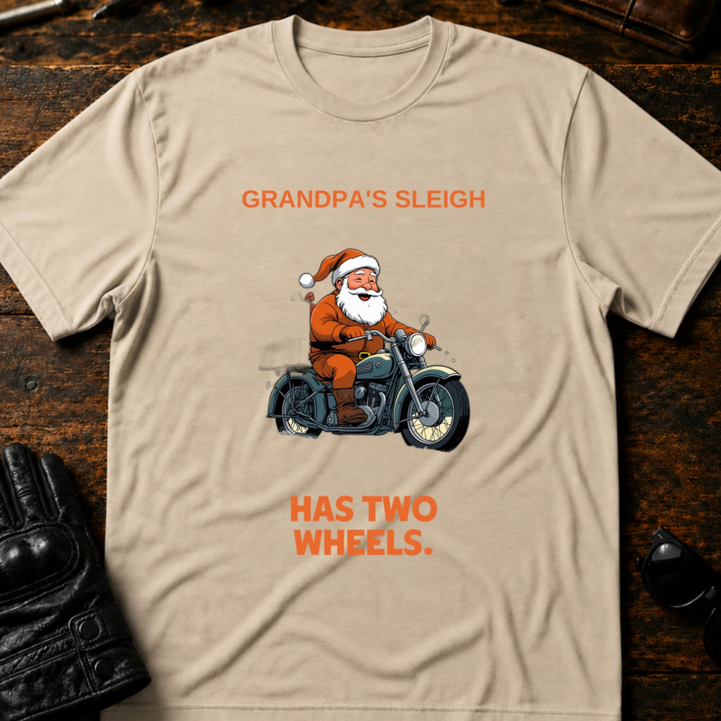 Grandpas Sleigh Has Two Wheels Christmas Biker T-Shirt - mockup 6 sand