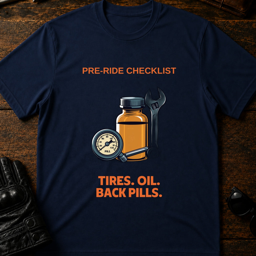 Pre-Ride Checklist Back Pills T-Shirt - mockup 5 navy