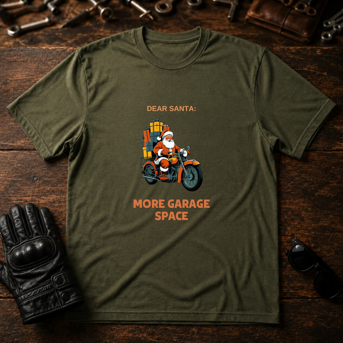 Dear Santa More Garage Space T-Shirt - mockup 2 military green