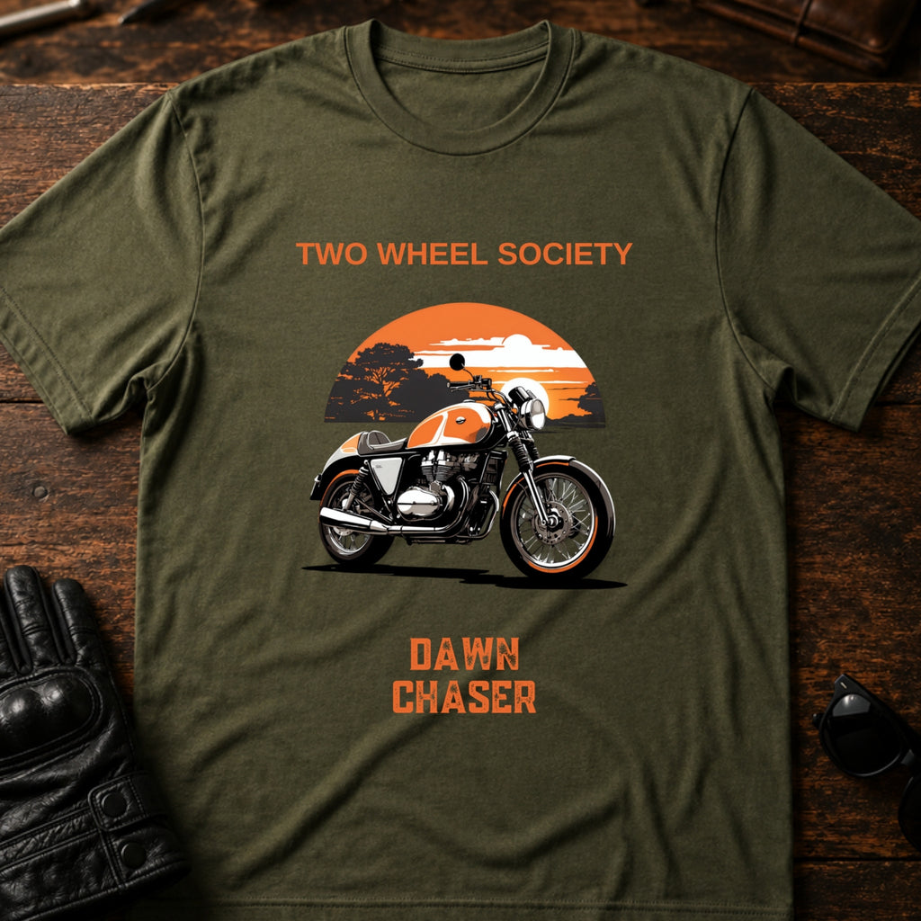 Dawn Chaser Motorcycle T-Shirt - mockup 2 military green