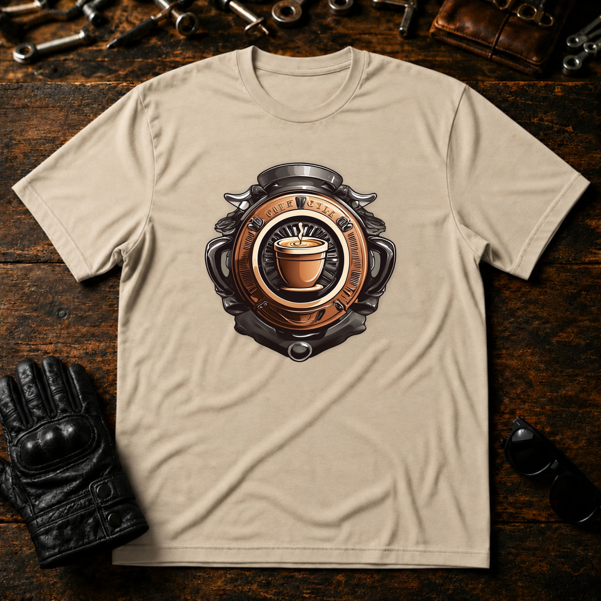 Coffee and Wheels Emblem T-Shirt - mockup 6 sand
