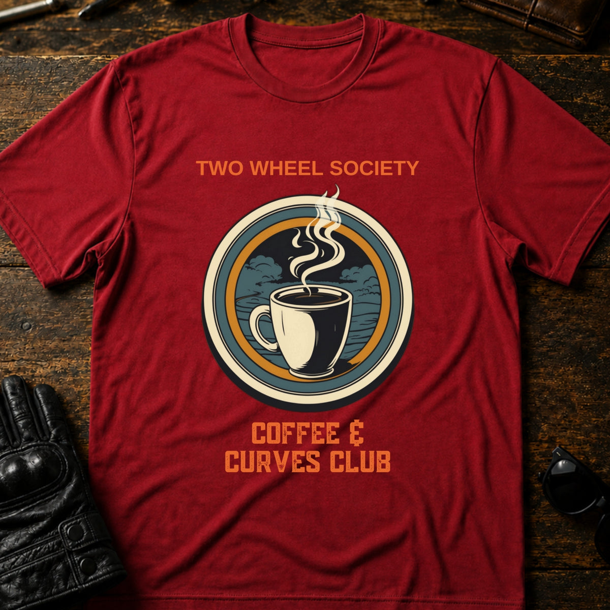 Two Wheel Society Coffee And Curves Club T-Shirt, cardinal red