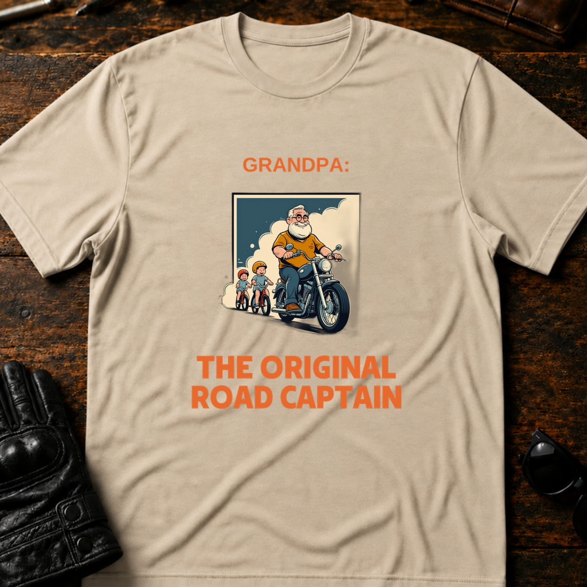 Grandpa The Original Road Captain Motorcycle Gift T-Shirt, sand