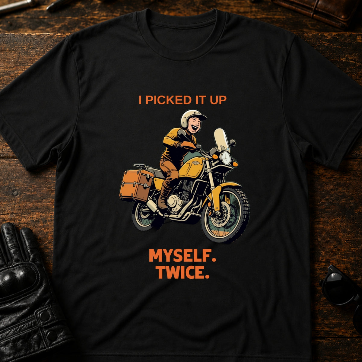 I Picked It Up Myself Twice Adventure Biker T-Shirt, black