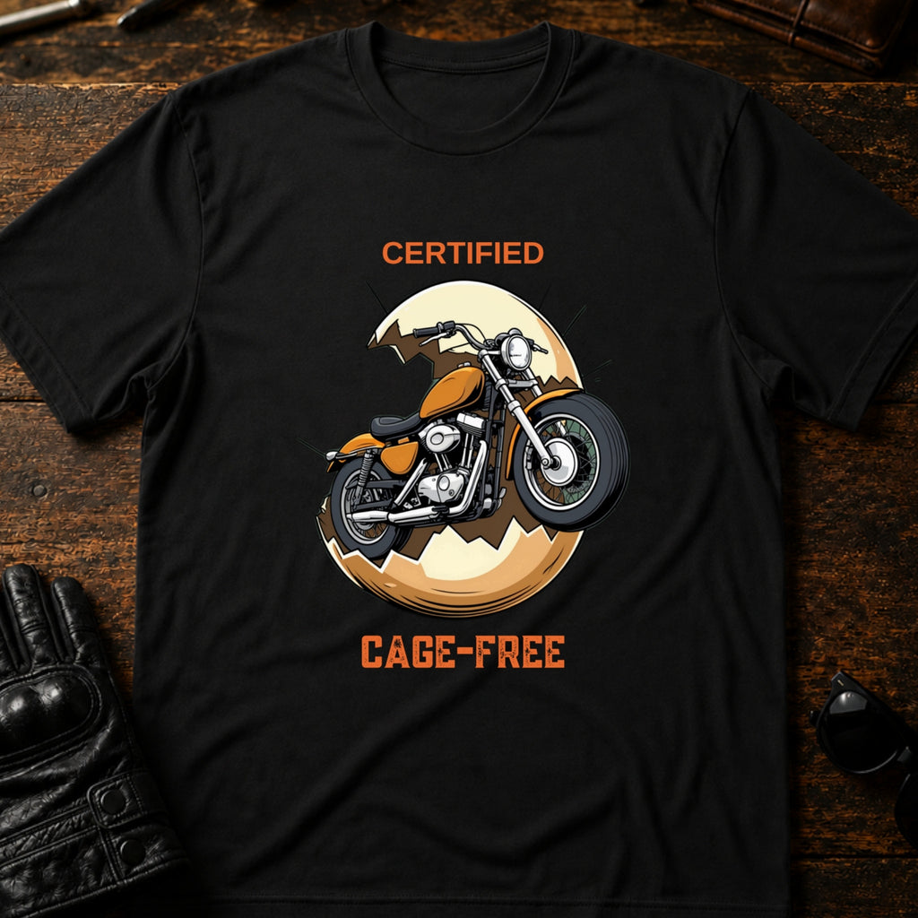 Certified Cage Free Funny Motorcycle T-Shirt - mockup 1 black