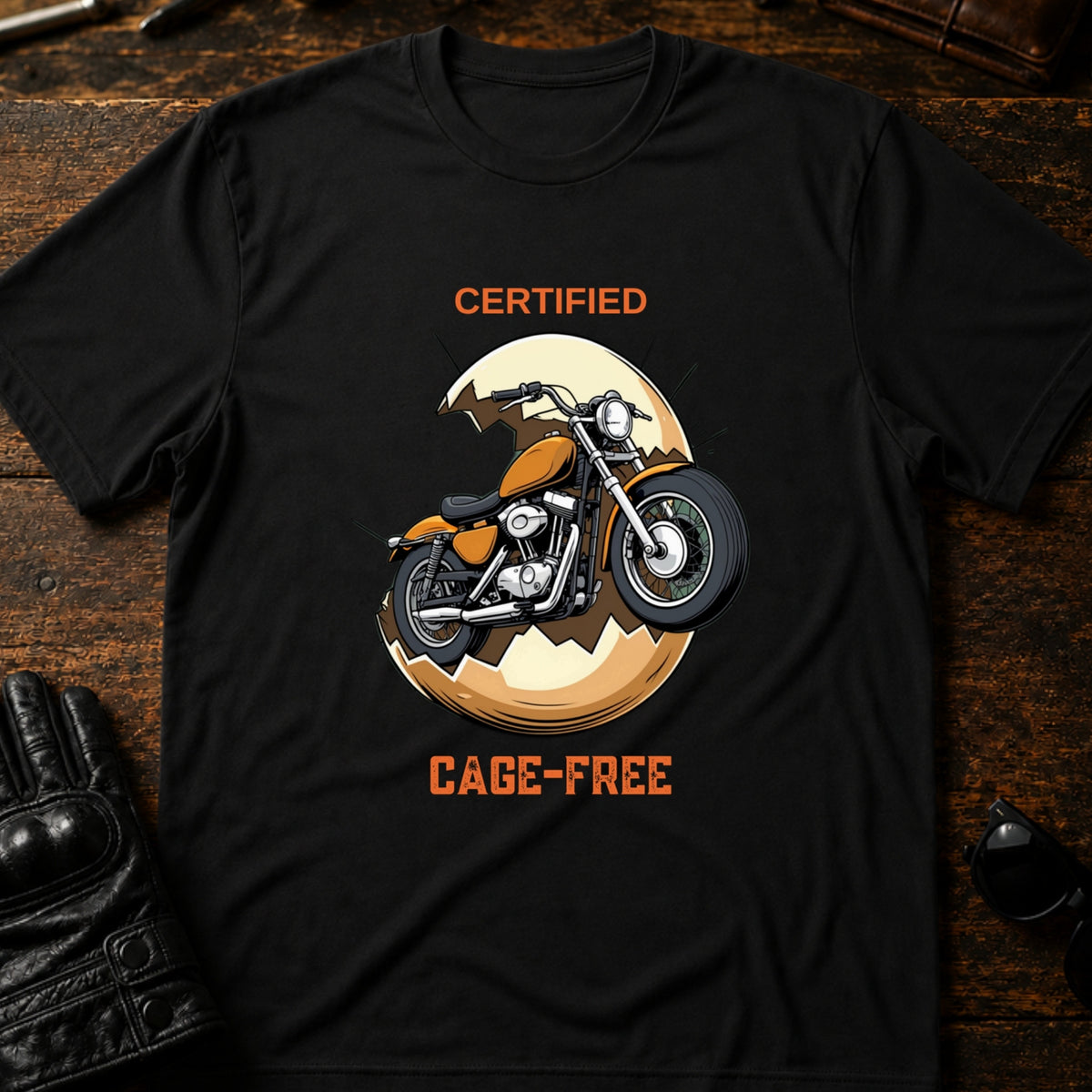 Certified Cage Free Funny Motorcycle T-Shirt, black