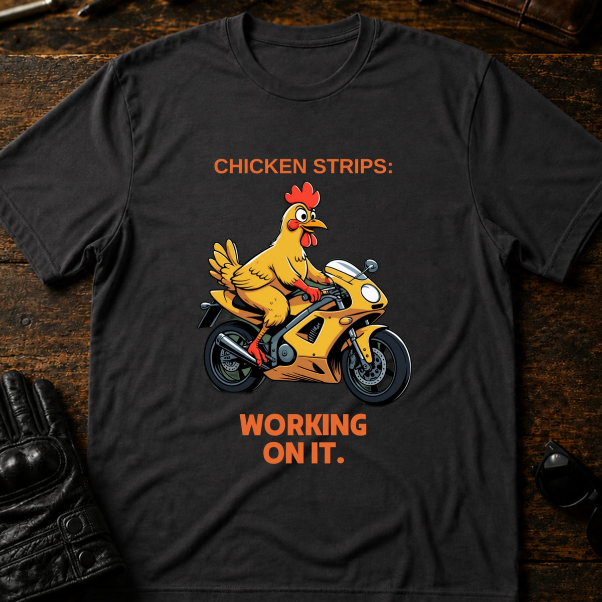 Chicken Strips Working On It Sportbike T-Shirt, charcoal