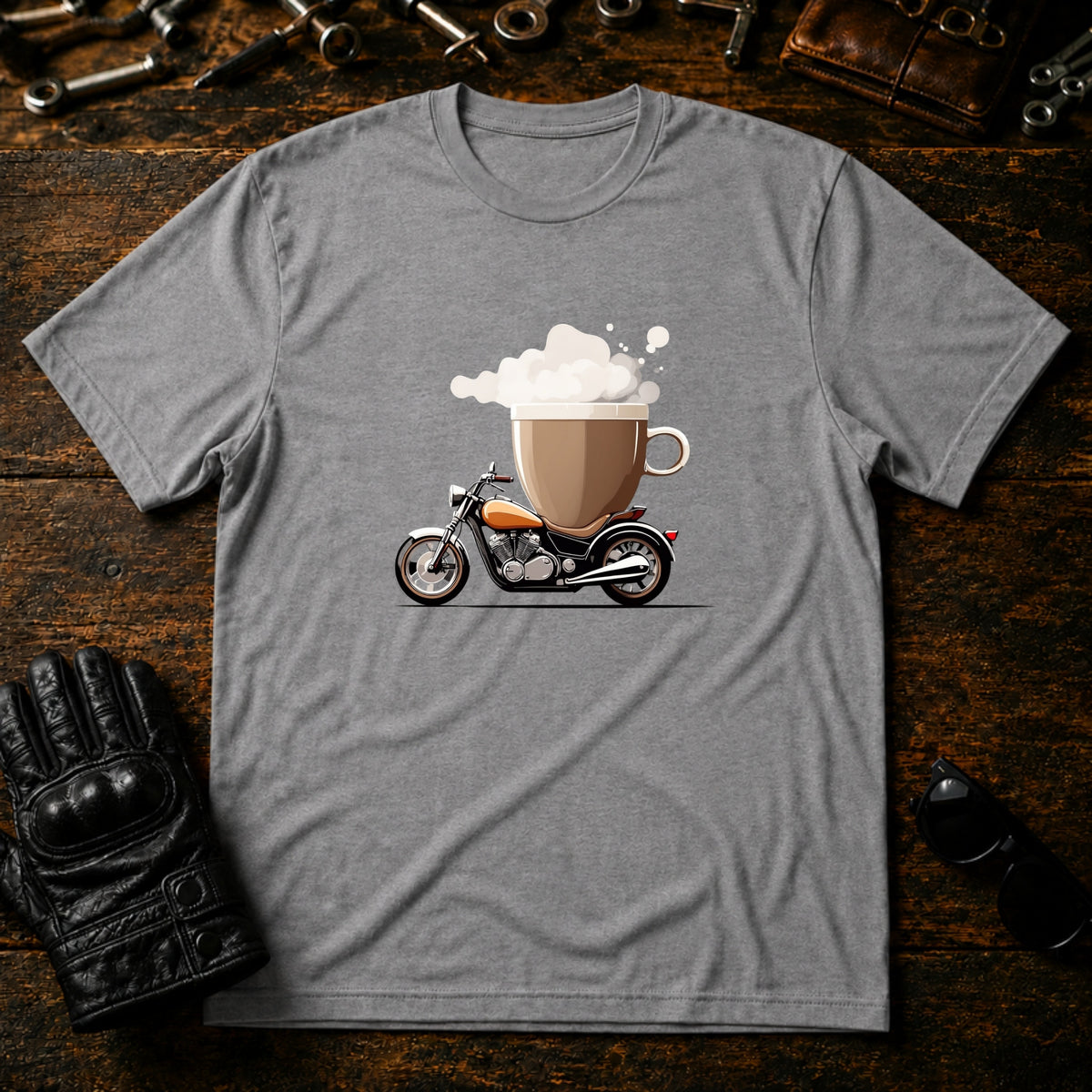 Coffee and Wheels T-Shirt - mockup 4 sport gray
