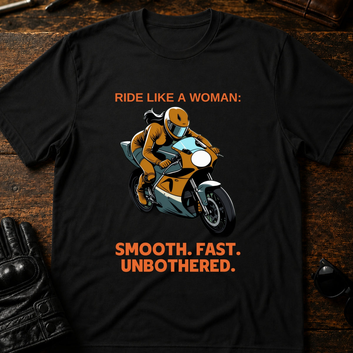 Ride Like A Woman Smooth Fast Unbothered T-Shirt, black