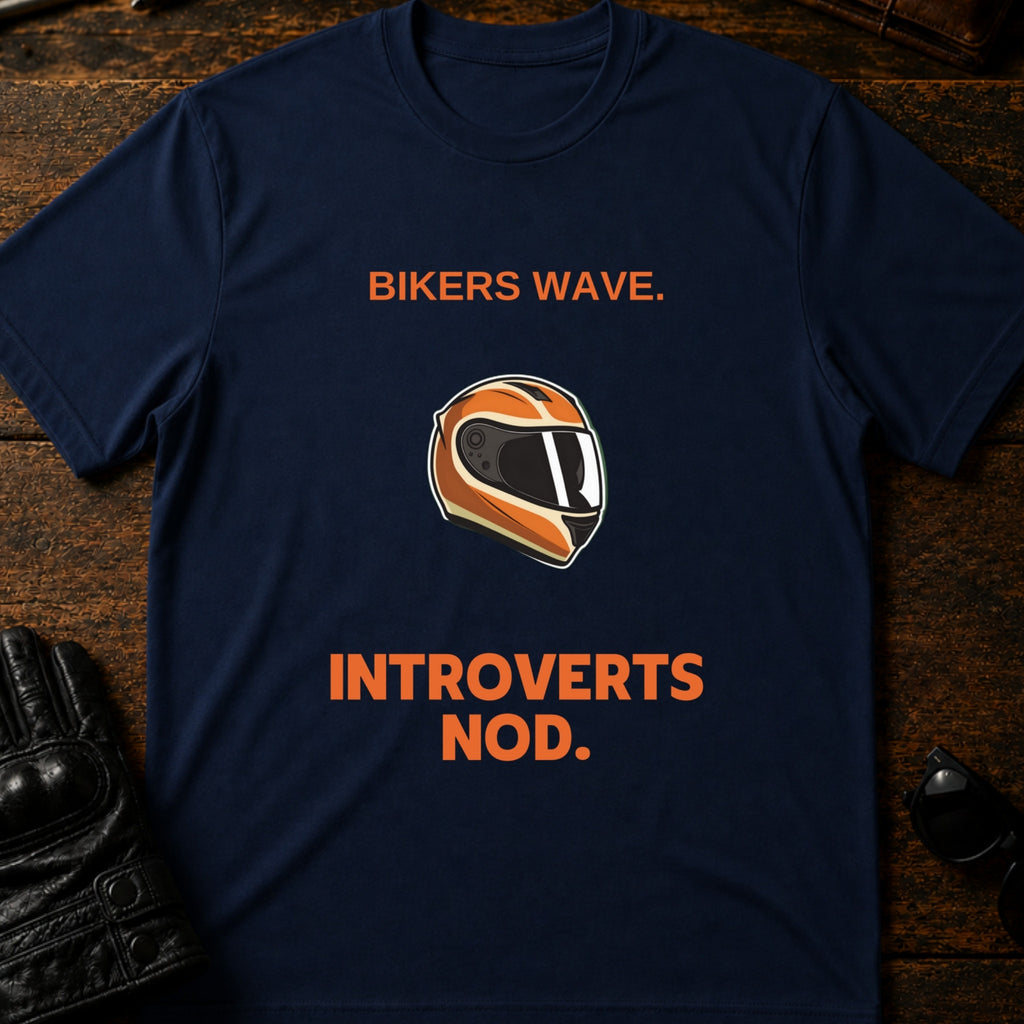 Bikers Wave Introverts Nod Funny Motorcycle T-Shirt - mockup 5 navy