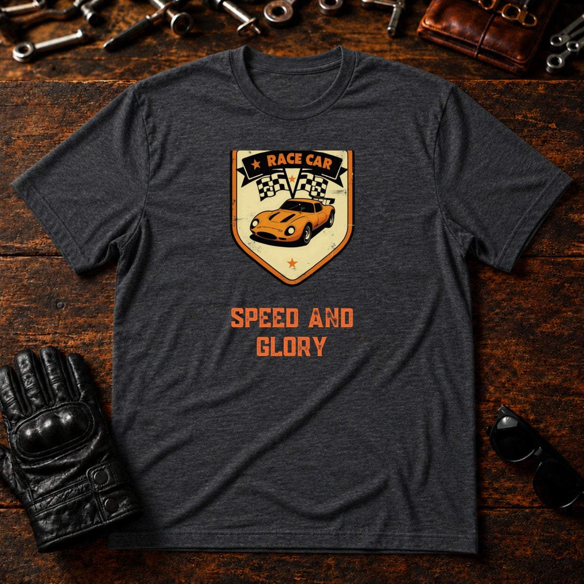 Vintage Race Car Badge T-Shirt - mockup 8 dark heather