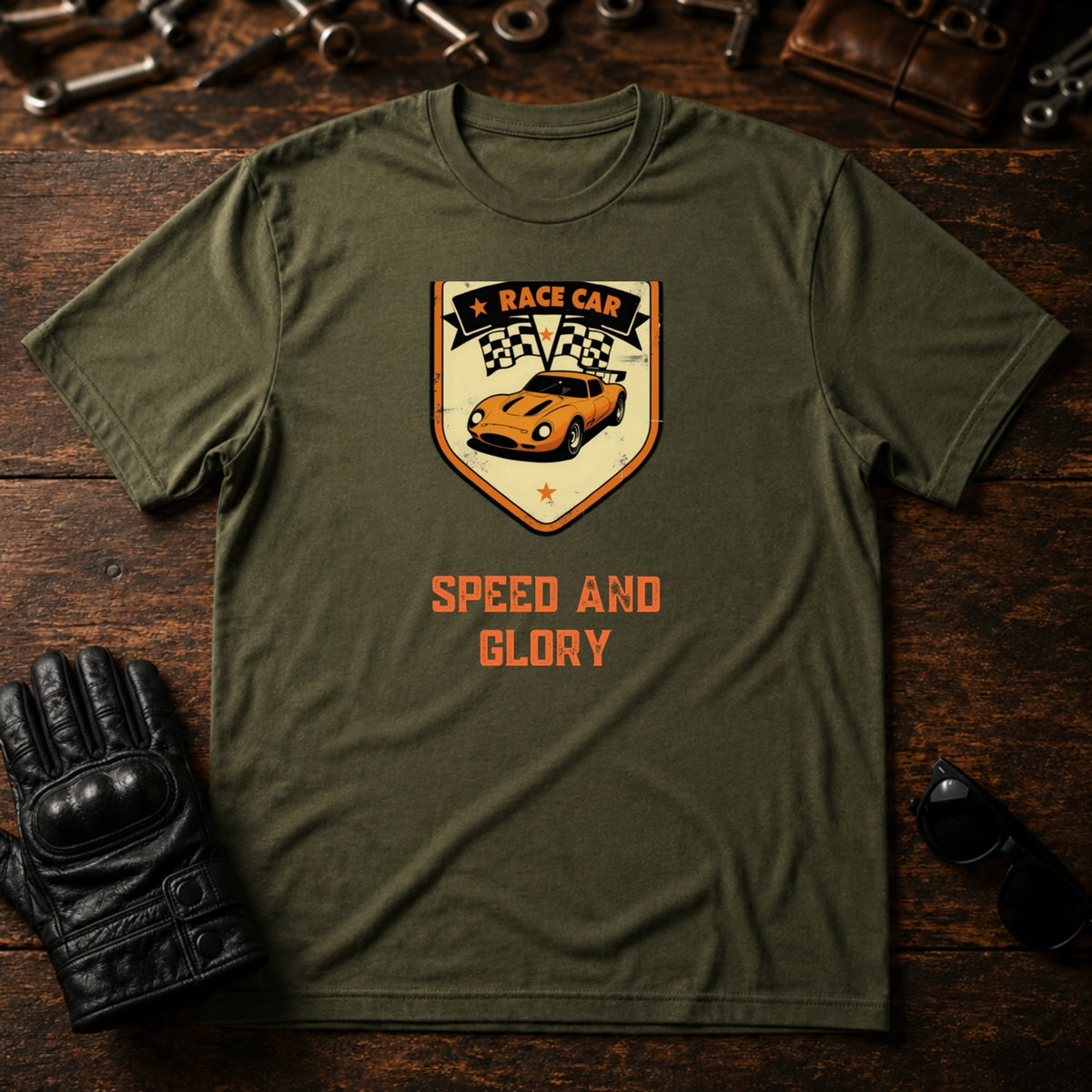 Vintage Race Car Badge T-Shirt - mockup 2 military green