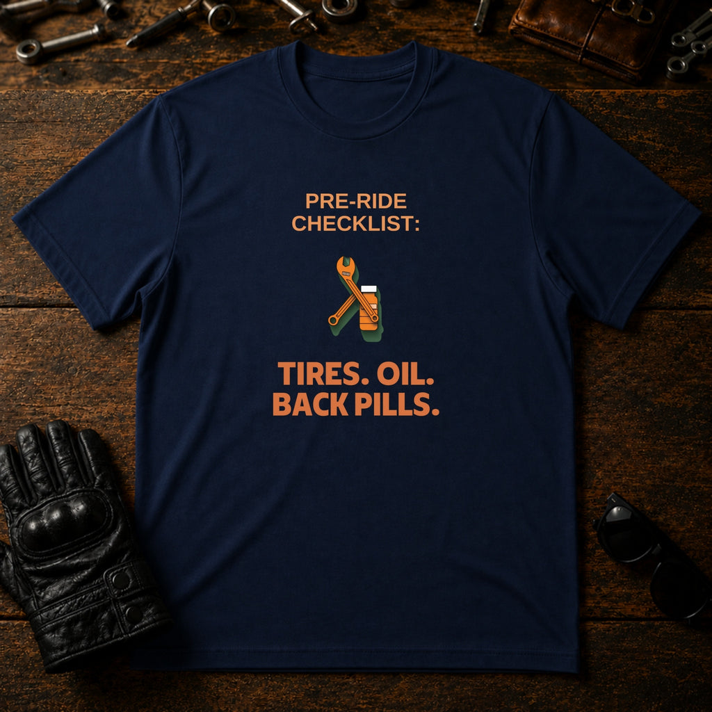 Pre-Ride Checklist Back Pills T-Shirt - mockup 5 navy