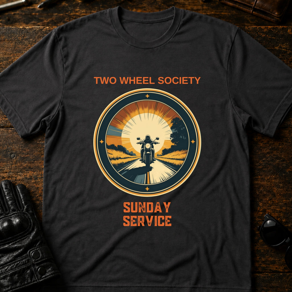 Two Wheel Society Sunday Service On The Road T-Shirt - mockup 3 charcoal