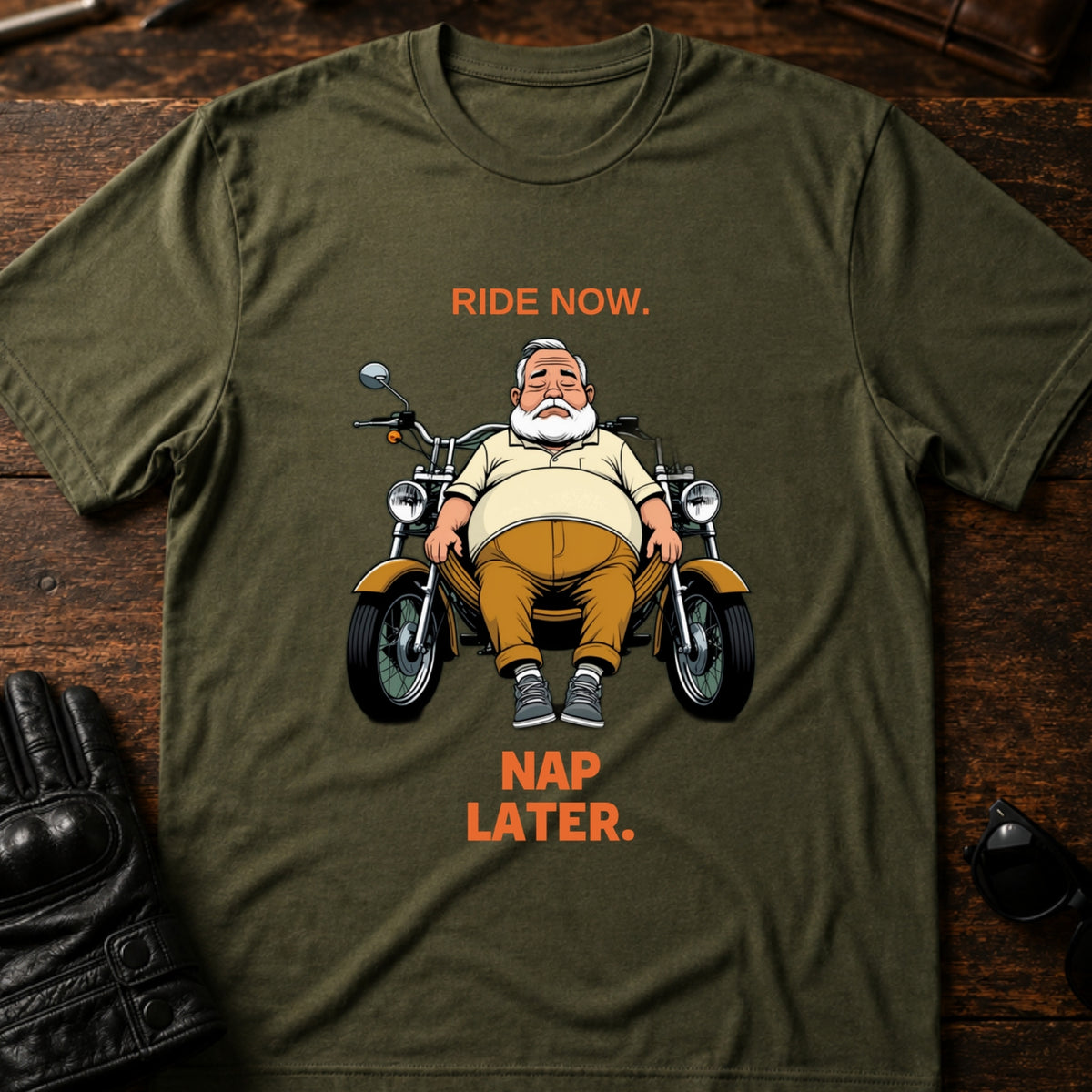 Ride Now Nap Later Grandpa Motorcycle T-Shirt, military green