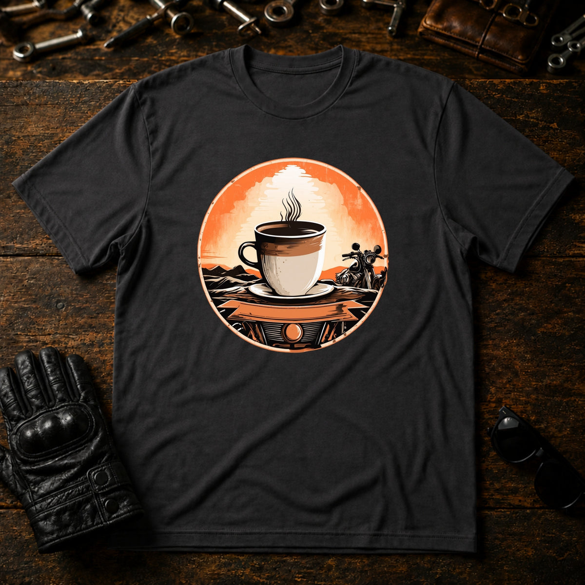 Sunrise Coffee Ride T-Shirt - mockup 3 charcoal