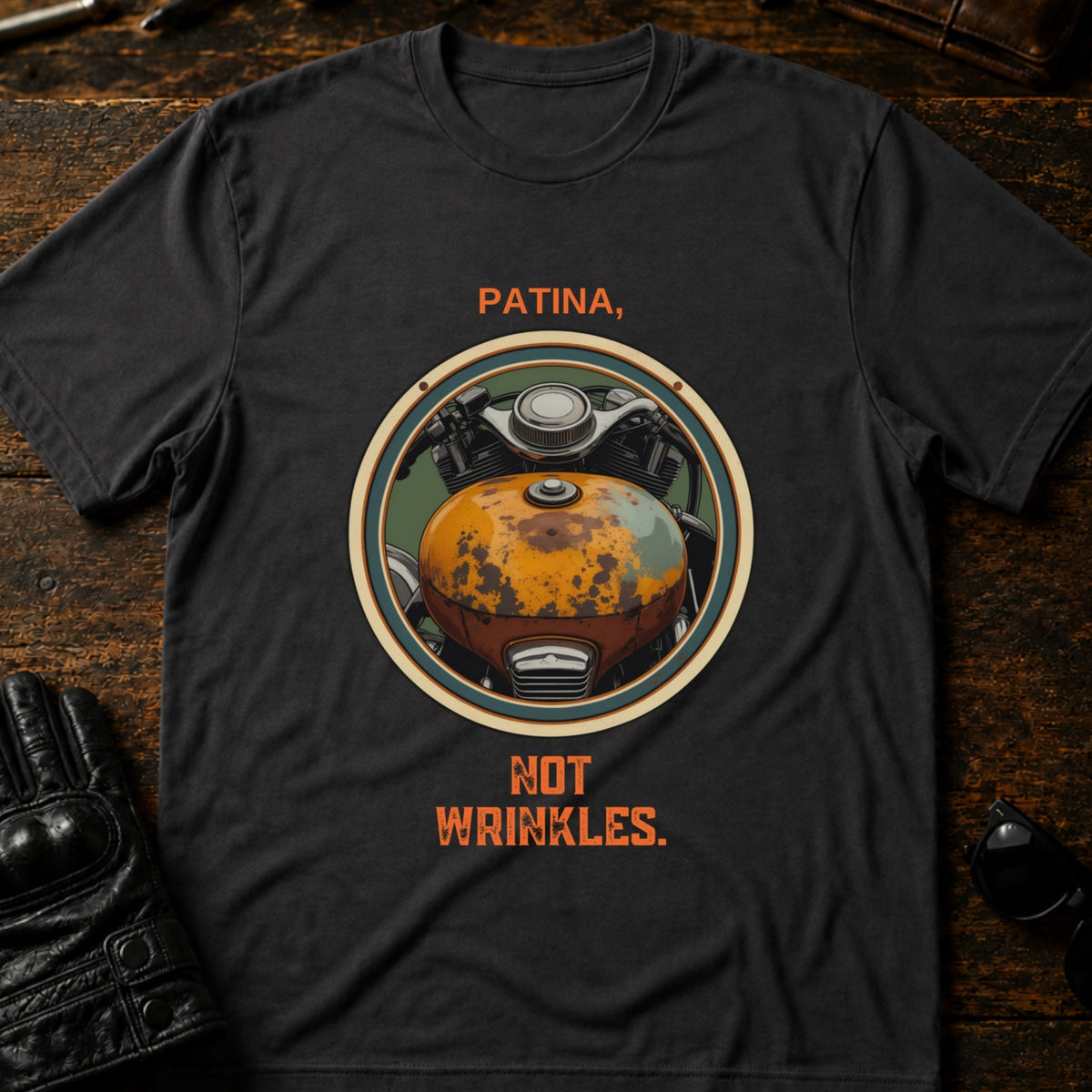 Patina Not Wrinkles Vintage Motorcycle T-Shirt, charcoal