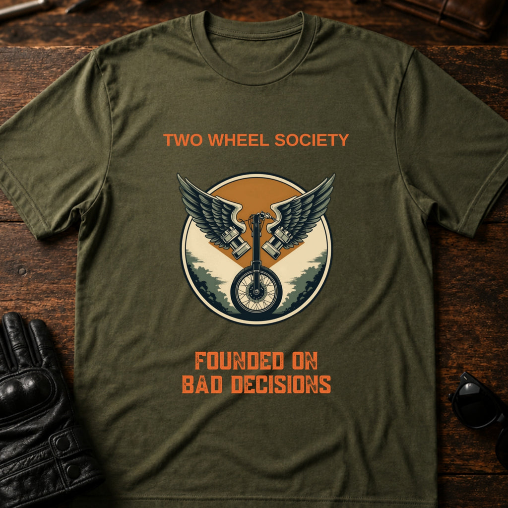 Two Wheel Society Founded On Bad Decisions T-Shirt - mockup 2 military green