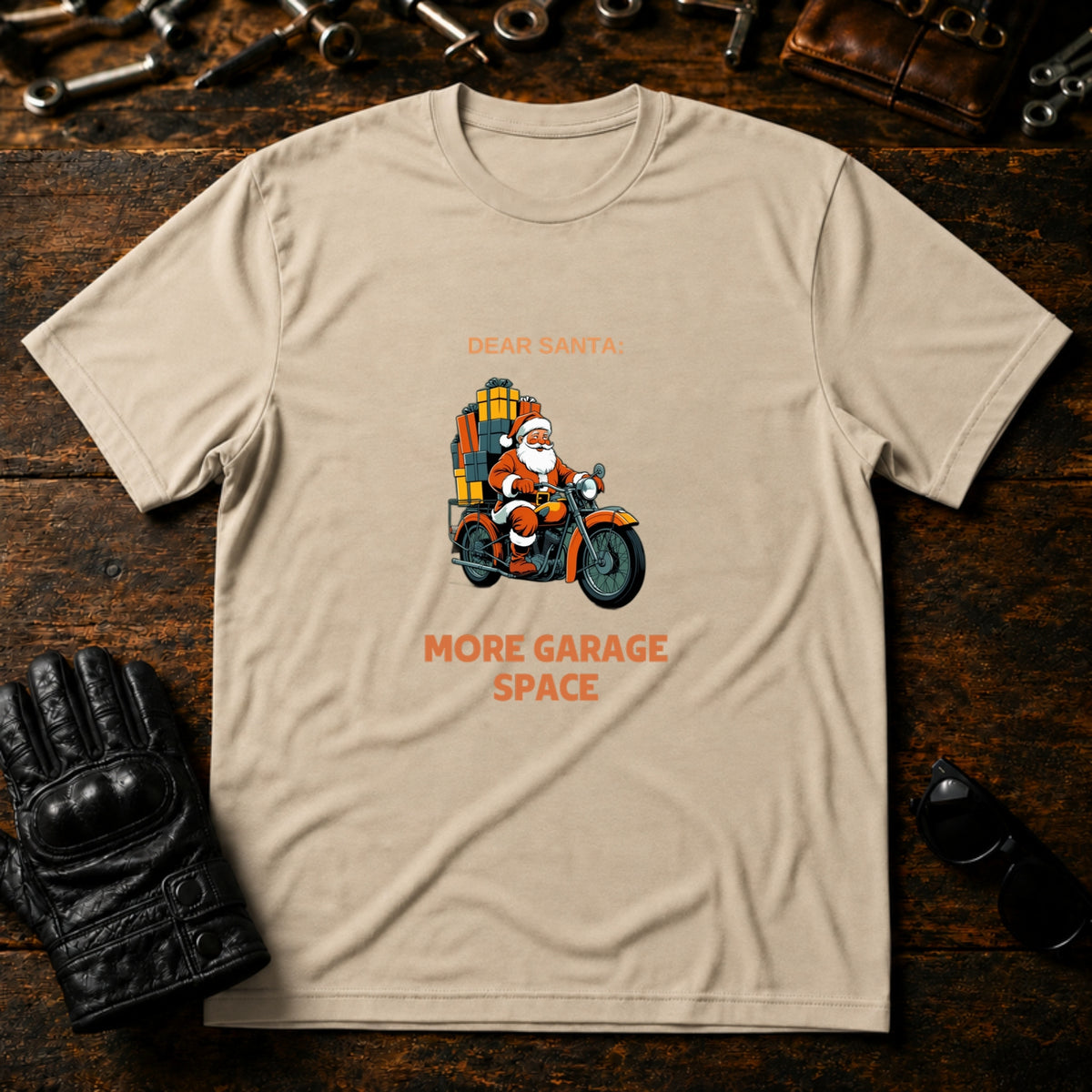 Dear Santa More Garage Space T-Shirt - mockup 6 sand