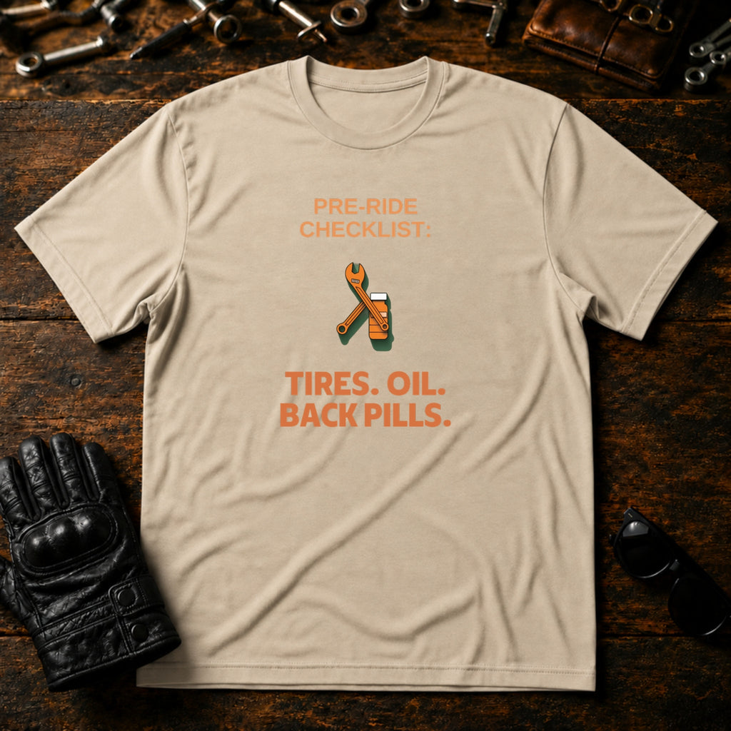 Pre-Ride Checklist Back Pills T-Shirt - mockup 6 sand
