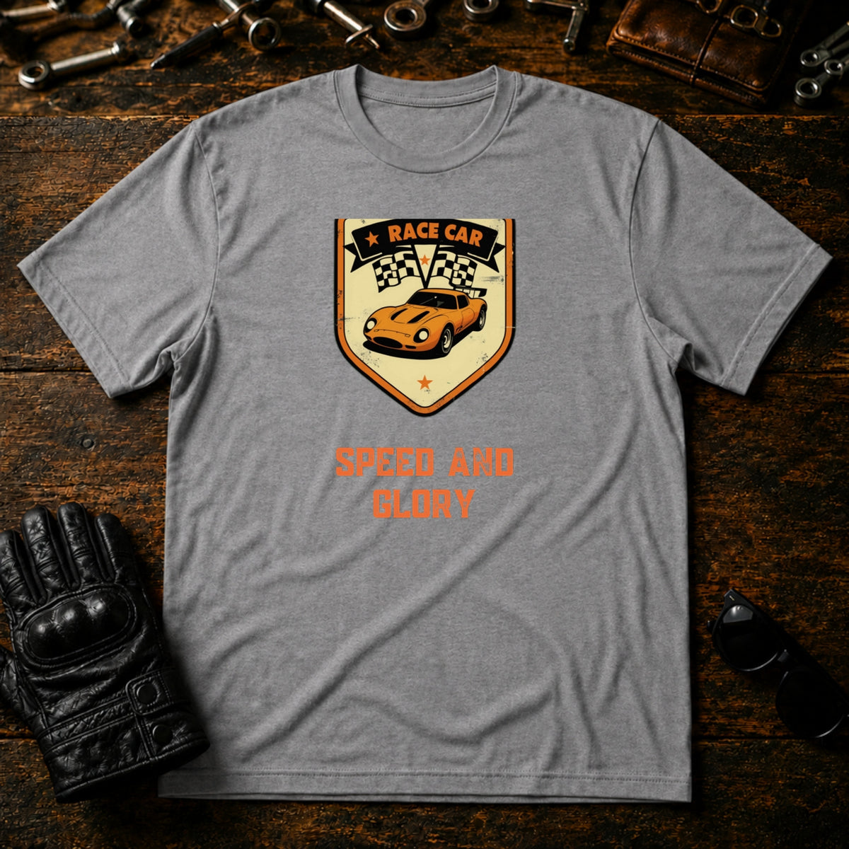 Vintage Race Car Badge T-Shirt - mockup 4 sport gray