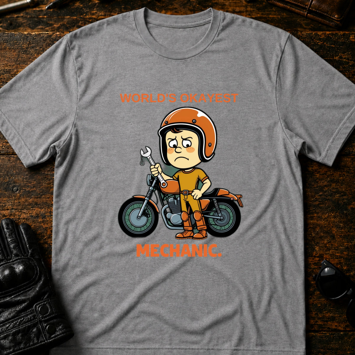 Worlds Okayest Mechanic Funny Motorcycle T-Shirt, sport gray