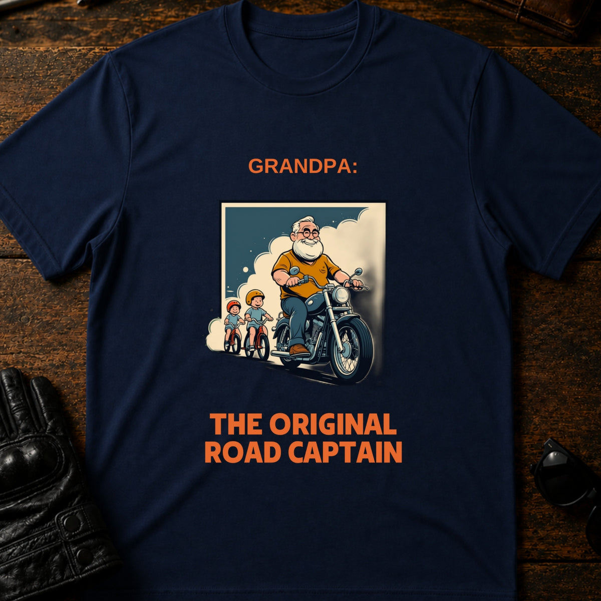 Grandpa The Original Road Captain Motorcycle Gift T-Shirt, navy