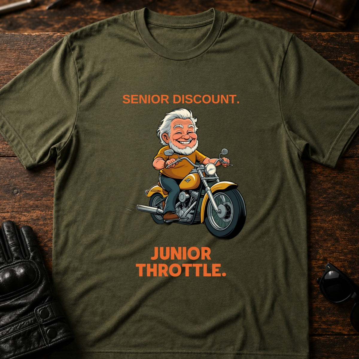 Senior Discount Junior Throttle Hand Biker T-Shirt, military green