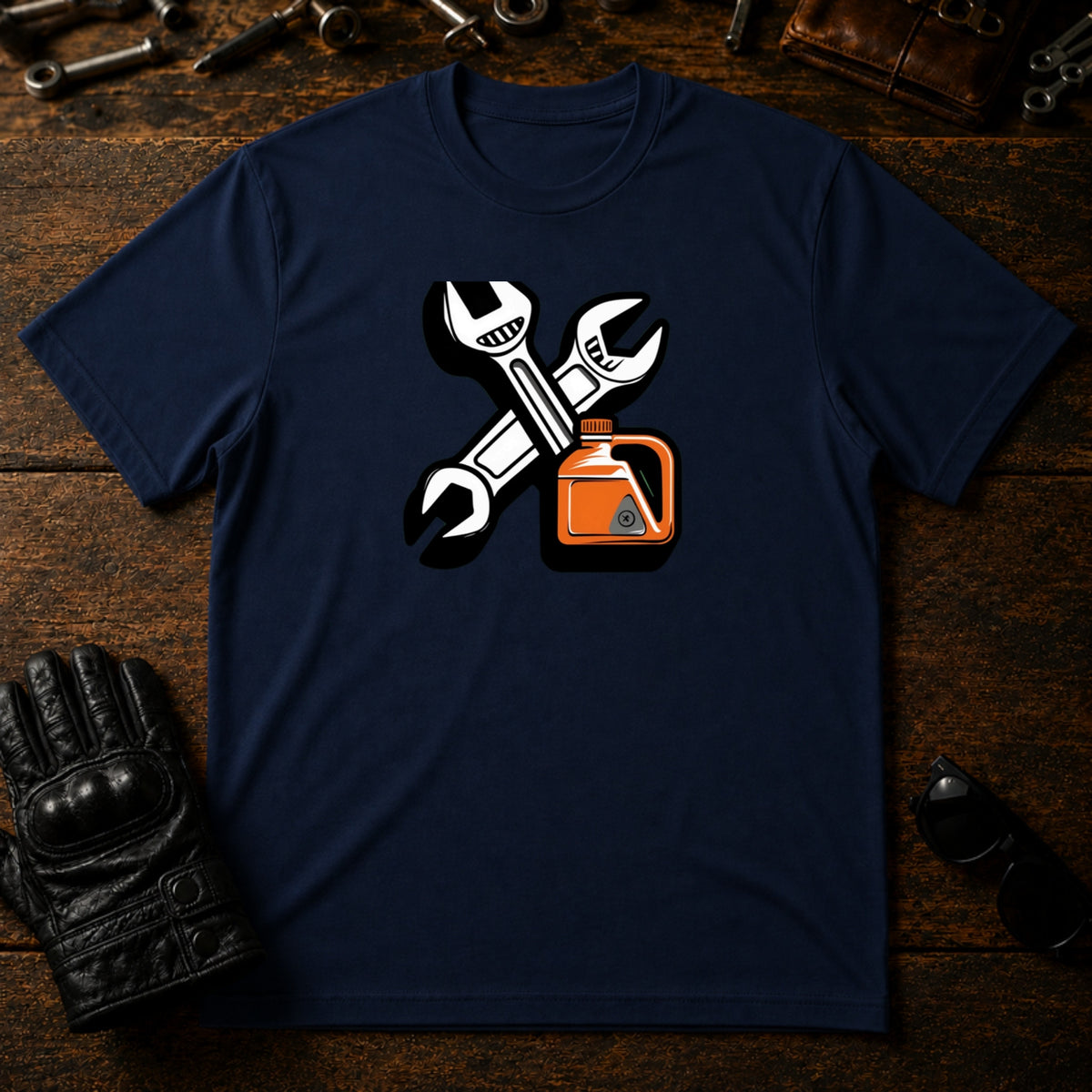 Wrench and Oil Emblem T-Shirt - mockup 5 navy