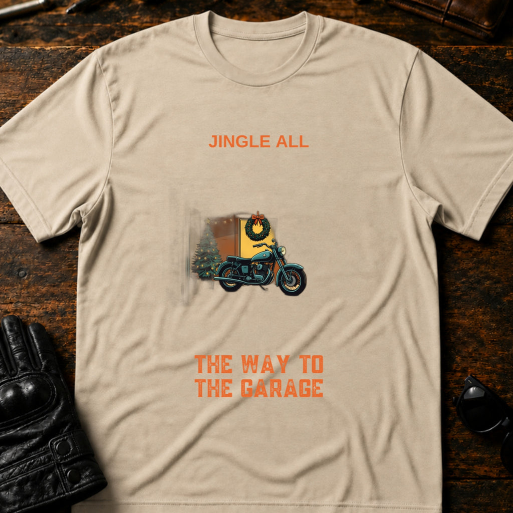 Jingle All The Way To The Garage Christmas Biker T-Shirt - mockup 6 sand