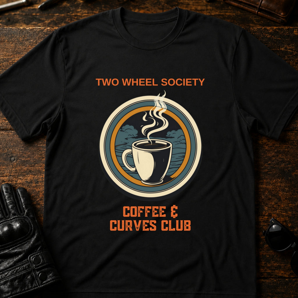 Two Wheel Society Coffee And Curves Club T-Shirt - mockup 1 black