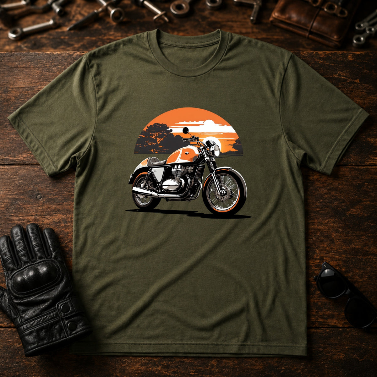 Dawn Chaser Motorcycle T-Shirt - mockup 2 military green