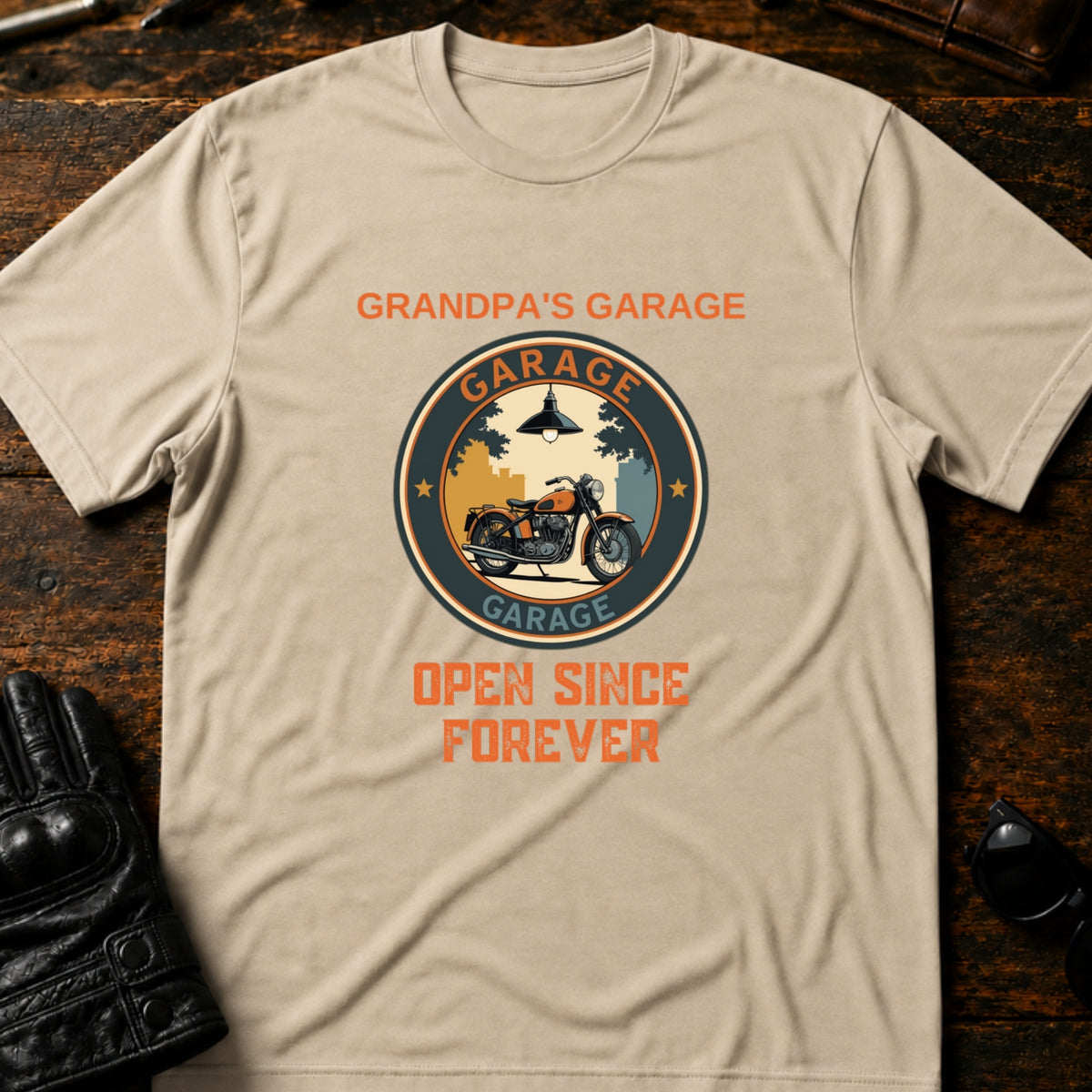 Grandpas Garage Open Since Forever Biker T-Shirt, sand