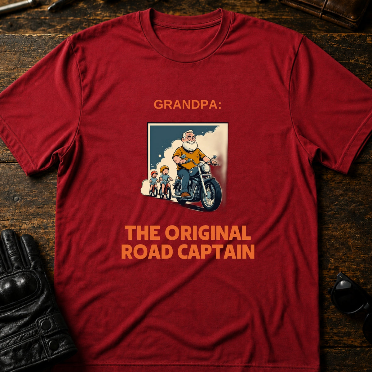Grandpa The Original Road Captain Motorcycle Gift T-Shirt, cardinal red