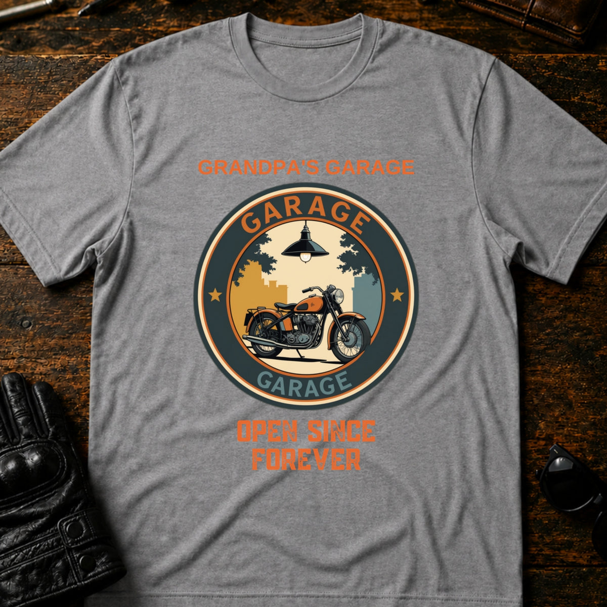 Grandpas Garage Open Since Forever Biker T-Shirt, sport gray