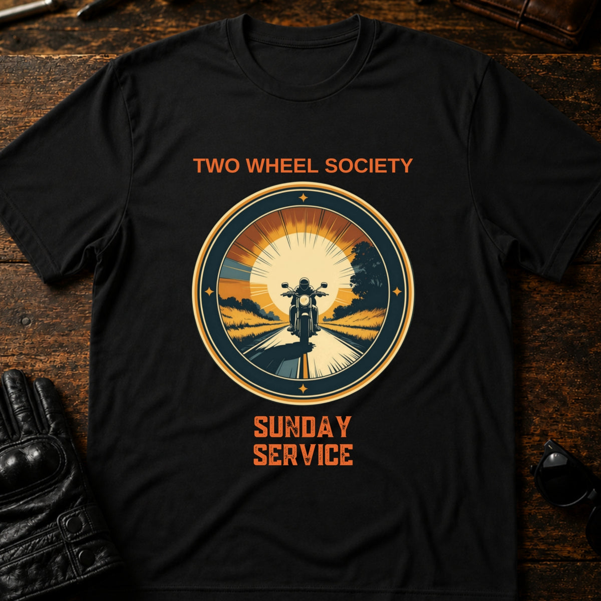 Two Wheel Society Sunday Service On The Road T-Shirt, black