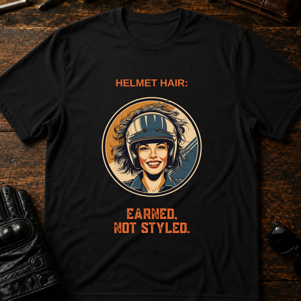 Helmet Hair Earned Not Styled T-Shirt - mockup 1 black